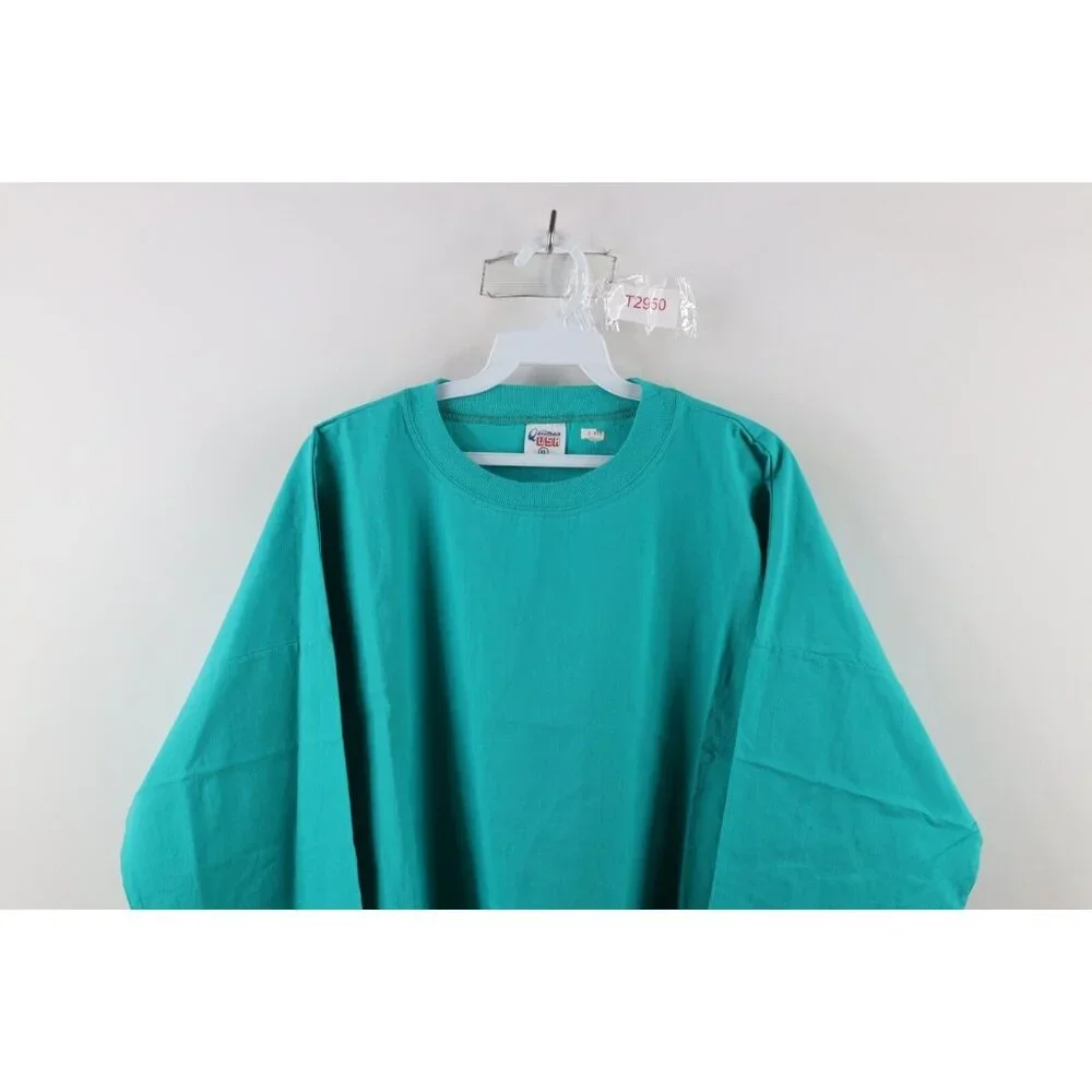 Deadstock Vtg 90s Streetwear Mens XL Blank Pullover Long Sleeve T-Shirt Teal USA - Picture 2 of 8